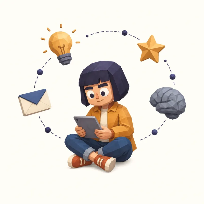 Garota planejando conteúdos, cercada por ícones de ideias e mensagens