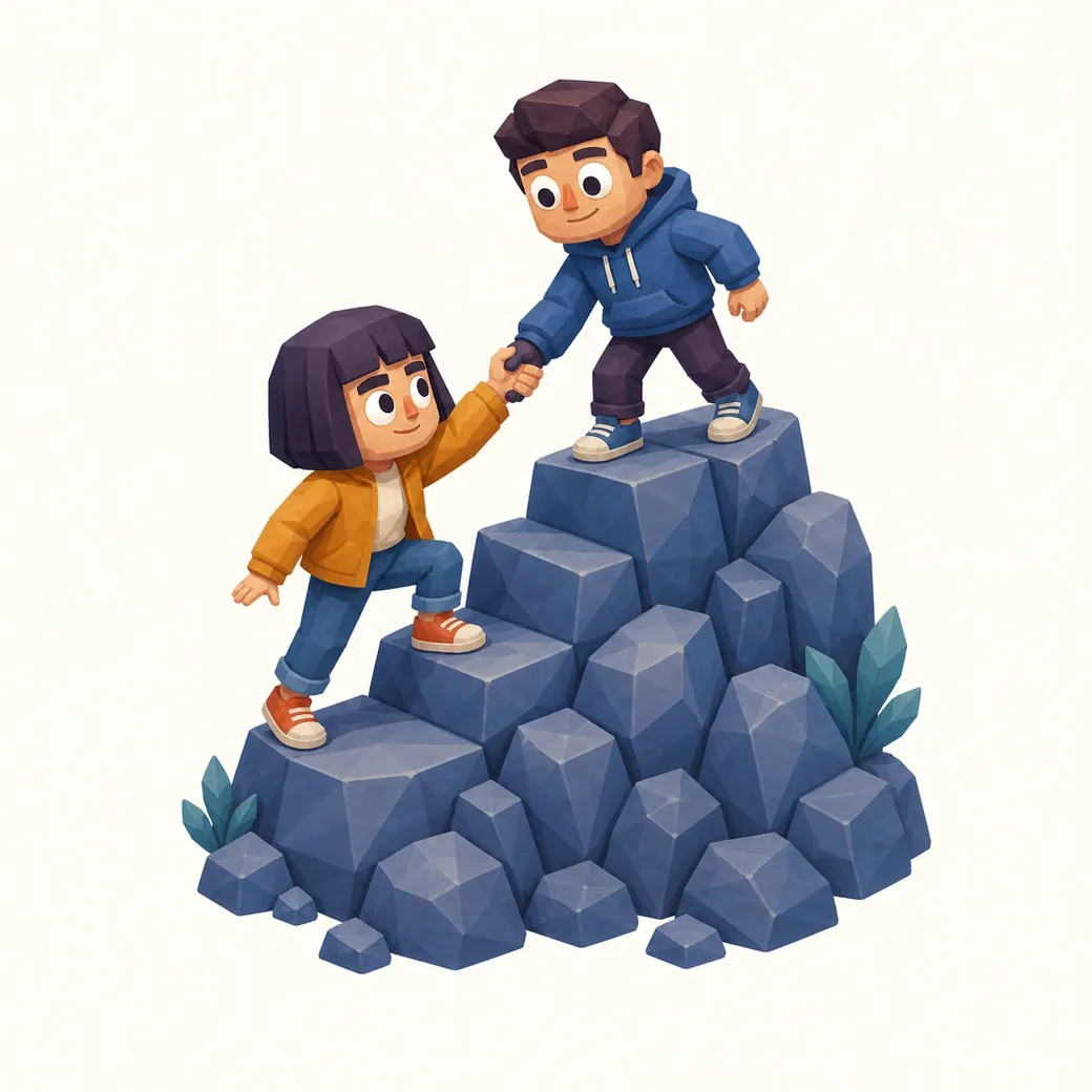 Um personagem ajudando o outro a subir a montanha, crescendo juntos