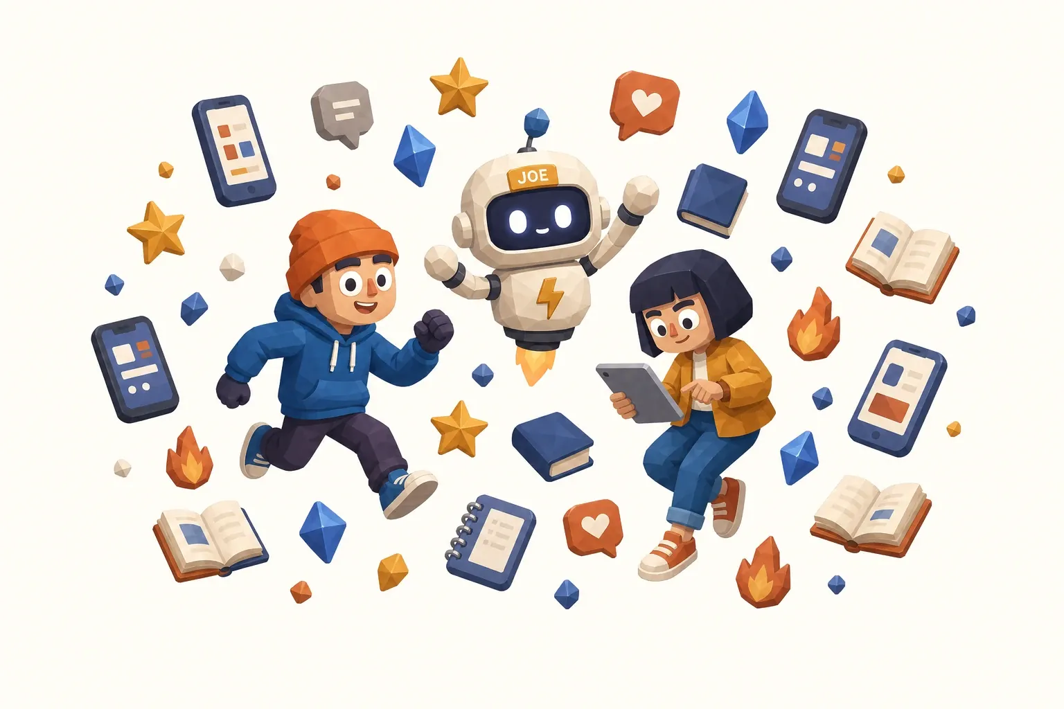 Colagem da comunidade JoeBot: pessoas, o robô Joe, mensagens, livros e conquistas